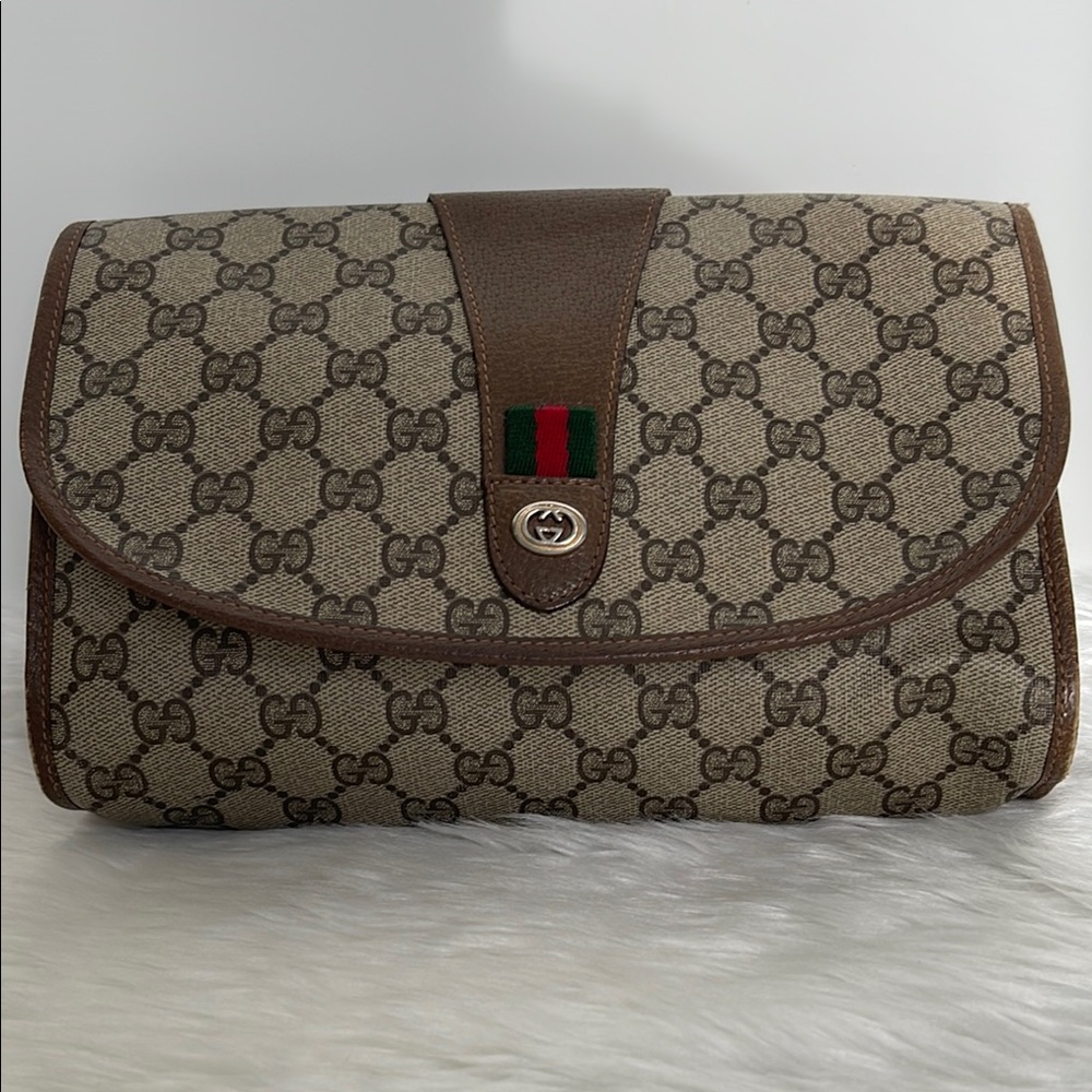 GUCCI Vintage Sherry Line GG Web PVC Canvas Leather Browns Clutch Bag